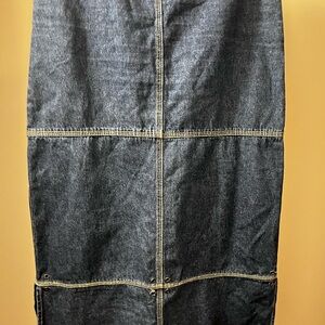 Dark Denim Maxi Skirt with Contrast Stitching featuring side slits.